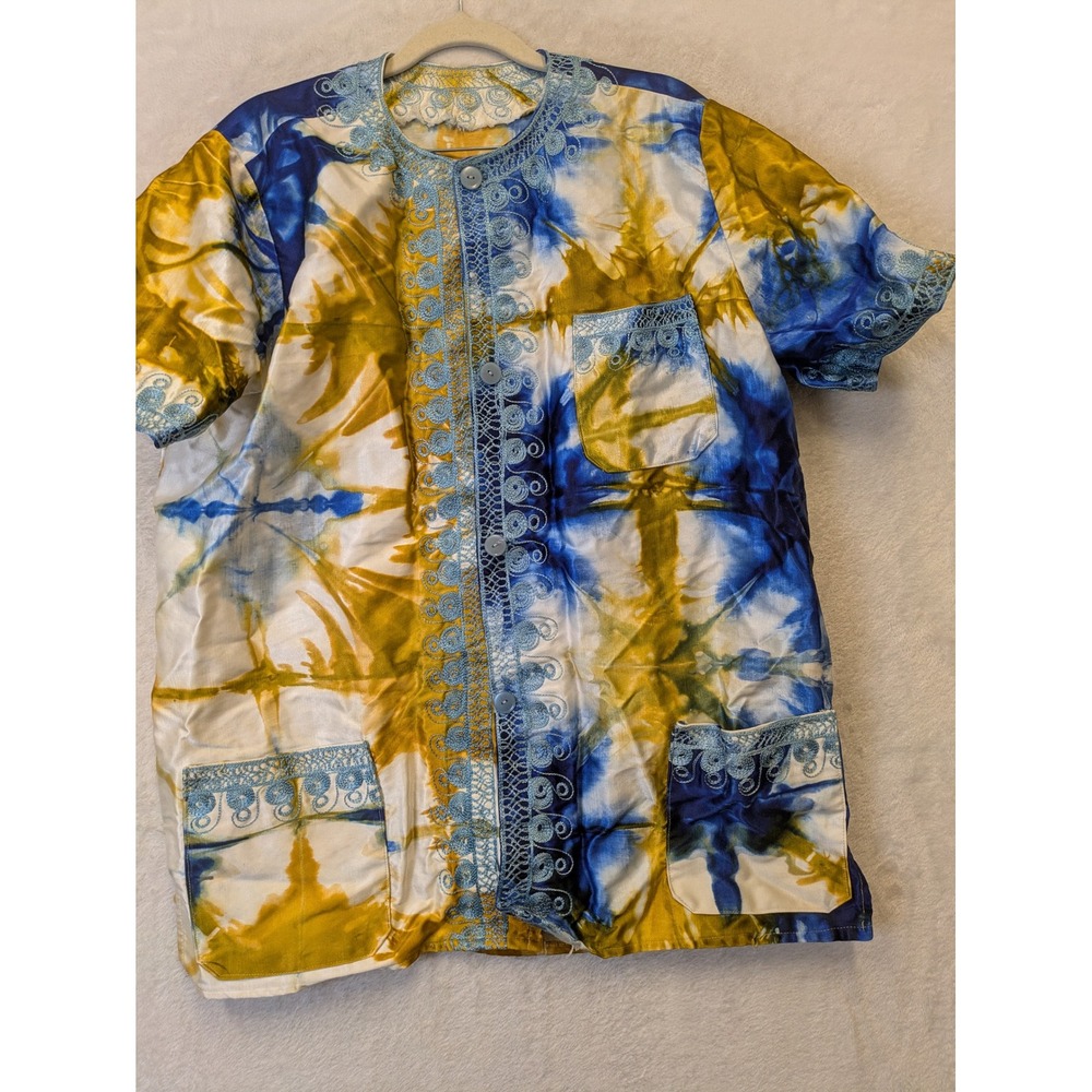 Vintage Style Blue Yellow Tie Dye Embroidered Dashiki Tunic Shirt Womens XLarge - Picture 6 of 9
